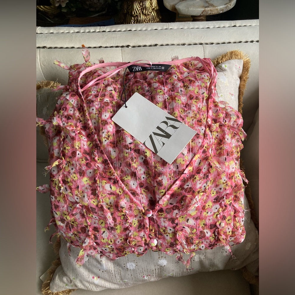 🆕 ZARA Pink Fringe Textured Confetti Button Down Chiffon Blouse Resort Luxury - Picture 9 of 16